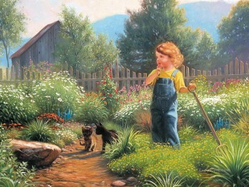  Cot Pintura - niño y gatos en casa de campo niños mascotas
